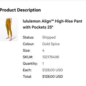 Lululemon align high rise pant with pockets 25" rare color gold spice